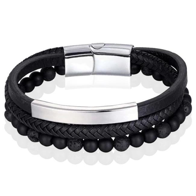 Heren armband Memphis Agaat kraal gevlochten leer Zilverkleurig Zwart – 19cm