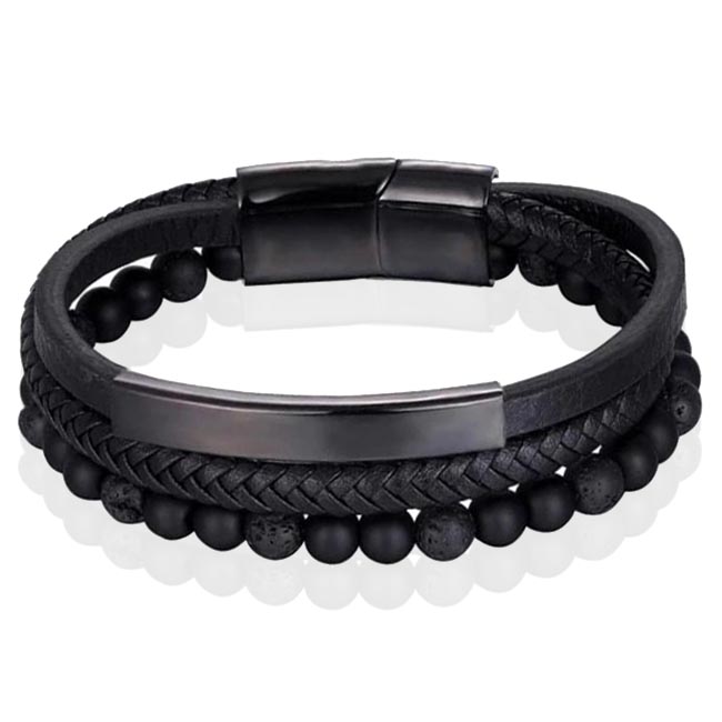 Heren armband Memphis Agaat kraal gevlochten leer Zwart – 19cm