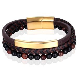 Heren armband Memphis Tijgeroog kraal gevlochten leer Goudkleurig Bruin – 21cm