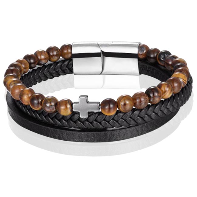 Heren armband Memphis Tijgeroog kraal gevlochten leer Kruis Zilverkleurig Bruin Zwart – 21cm