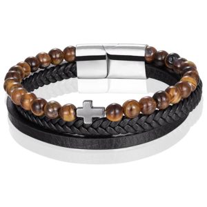 Heren armband Memphis Tijgeroog kraal gevlochten leer Kruis Zilverkleurig Bruin Zwart – 20cm