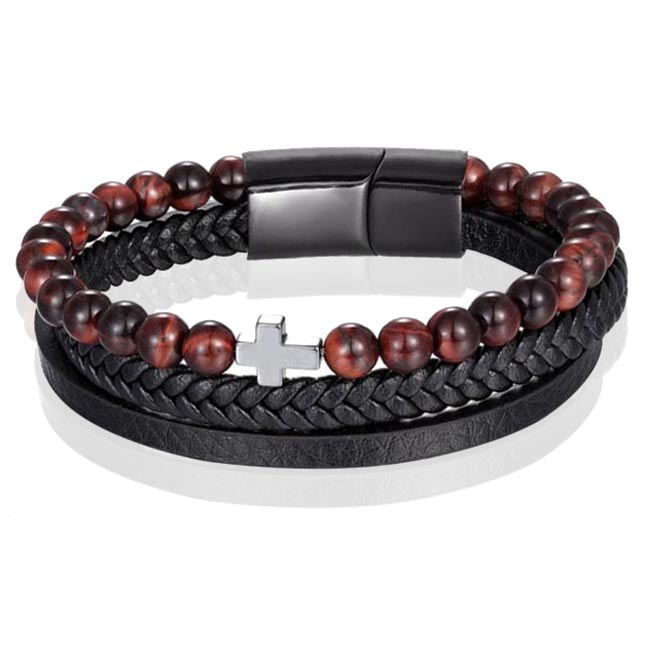 Heren armband Memphis Tijgeroog kraal gevlochten leer Kruis Zwart Bruin – 21cm
