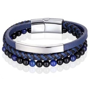 Heren armband Memphis Tijgeroog kraal gevlochten leer Zilverkleurig Blauw – 21cm