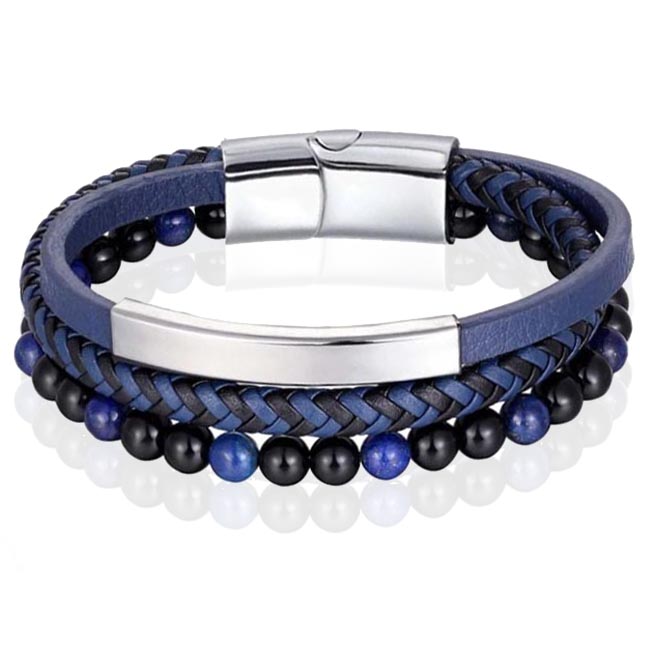 Heren armband Memphis Tijgeroog kraal gevlochten leer Zilverkleurig Blauw – 21cm