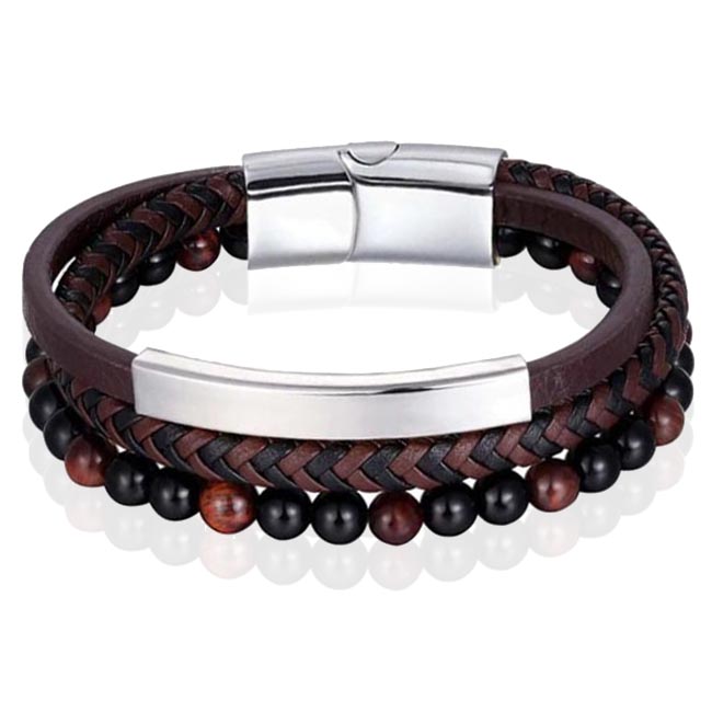 Heren armband Memphis Tijgeroog kraal gevlochten leer Zilverkleurig Bruin – 21cm
