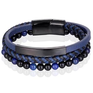 Heren armband Memphis Tijgeroog kraal gevlochten leer Zwart Blauw – 19cm