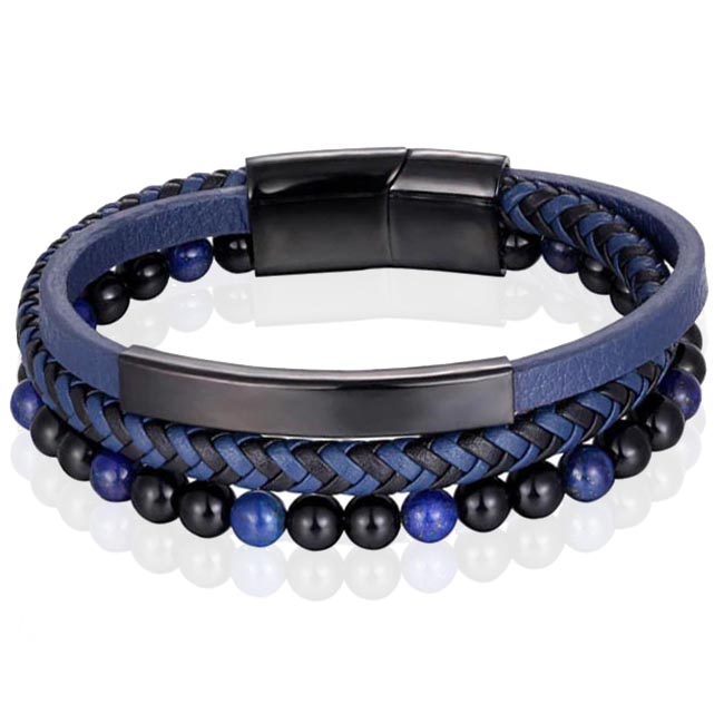 Heren armband Memphis Tijgeroog kraal gevlochten leer Zwart Blauw – 21cm