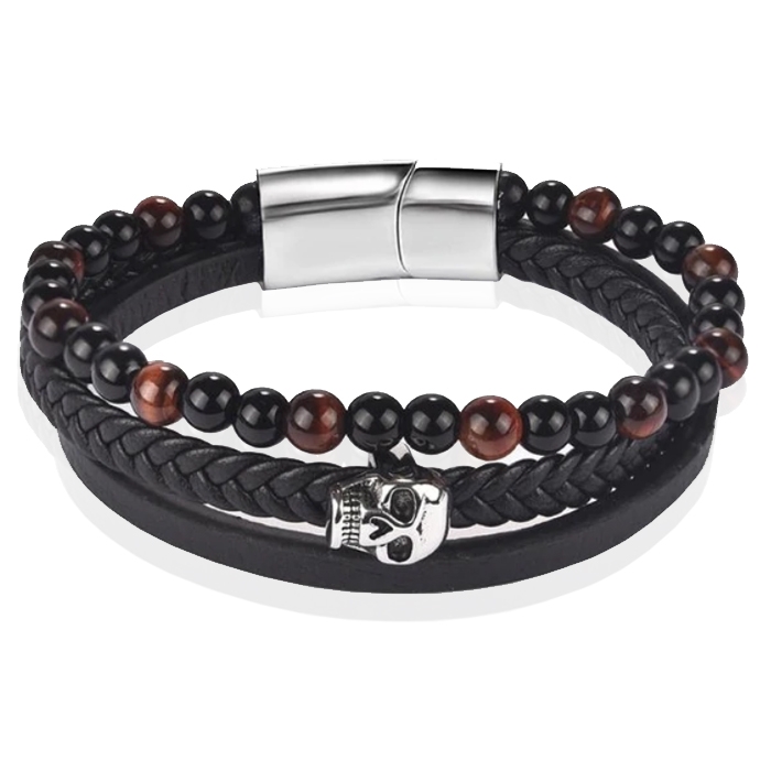 Heren armband Memphis Tijgeroog Skull Gevlochten Leer Zwart Bruin-20.5cm