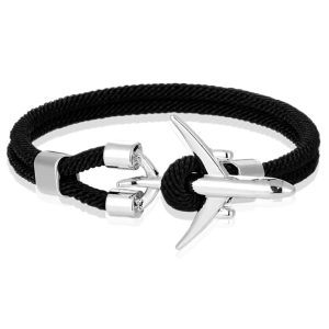 Heren Armband Paracord Vliegtuig Anker Zilverkleurig Zwart-19cm