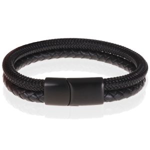 Heren armband Tom Jaxon Gevlochten Leer en Staal Zwart-21cm