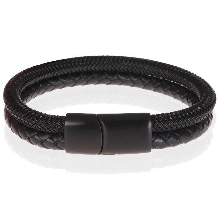 Heren armband Tom Jaxon Gevlochten Leer en Staal Zwart-21cm