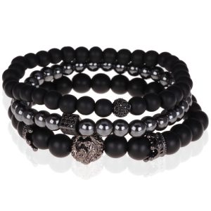 Heren armband trio Memphis kralen Zwart Agaat Leeuw