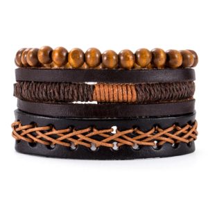 Heren armbanden Set Bruin Leer Touw Kralen