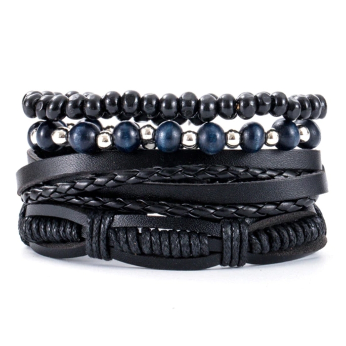 Heren armbanden Set Zwart Leer blauwe kralen