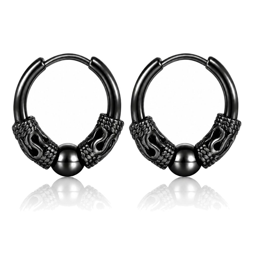 Heren oorringen staal zwart met details en balletje – 20mm