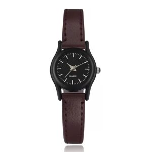 Klassiek dameshorloge met zwart uurwerk en donkerbruin leren bandje