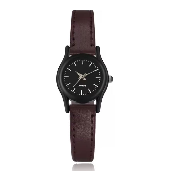 Klassiek dameshorloge met zwart uurwerk en donkerbruin leren bandje
