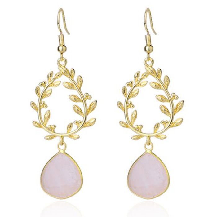 Laurelkrans Oorbellen Deja Jewels – Goudkleurig en Roze Kwarts