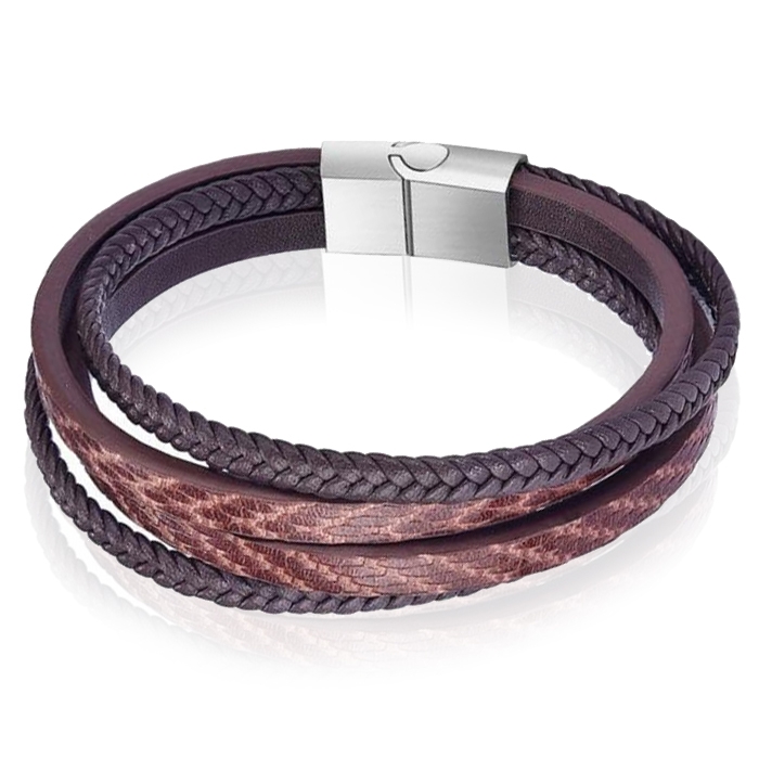Leren armband Mendes heren Edelstaal Multi Bruin-22cm