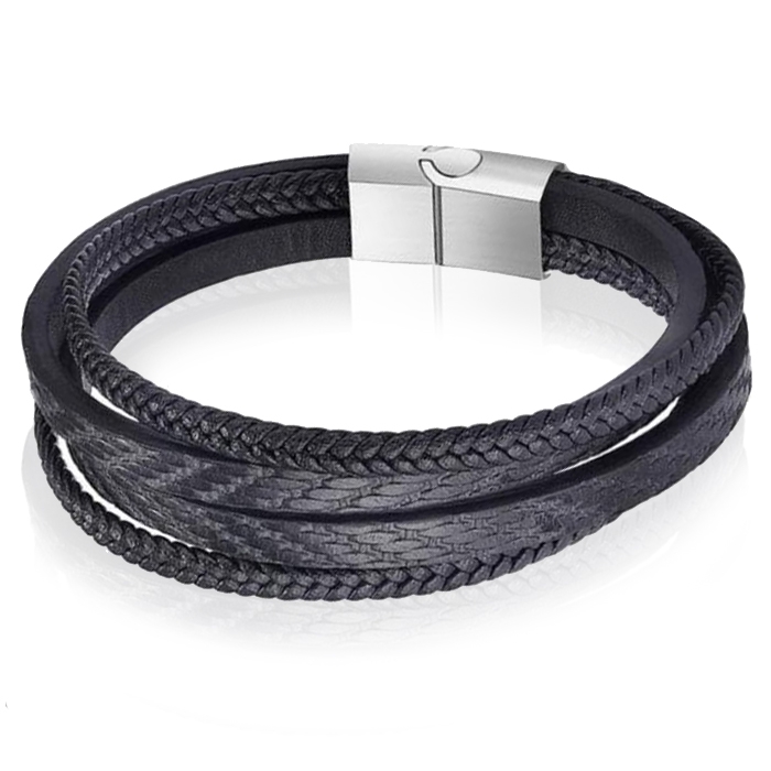 Leren armband Mendes heren Edelstaal Multi Zwart-18.5cm