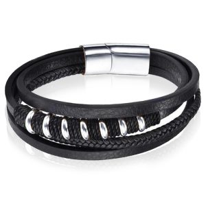 Leren armband Mendes RVS kralen Touw Zwart Zilverkleurig-18.5cm