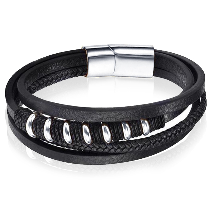 Leren armband Mendes RVS kralen Touw Zwart Zilverkleurig-18.5cm