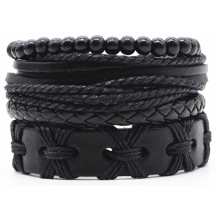Leren armbanden set met houten kralen zwart