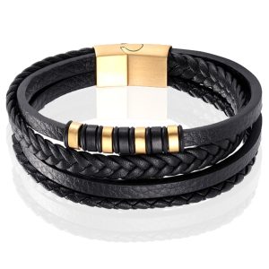 Leren heren armband Multi Mendes Edelstaal Goudkleurig Zwart-22.5cm