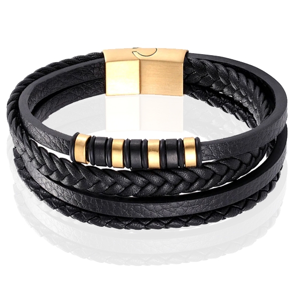 Leren heren armband Multi Mendes Edelstaal Goudkleurig Zwart-22.5cm