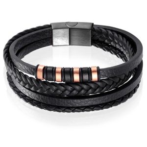 Leren heren armband Multi Mendes Edelstaal Zwart Rose-19cm