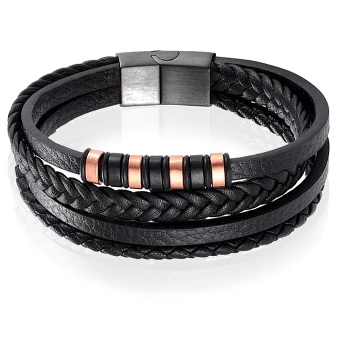 Leren heren armband Multi Mendes Edelstaal Zwart Rose – 18.5cm