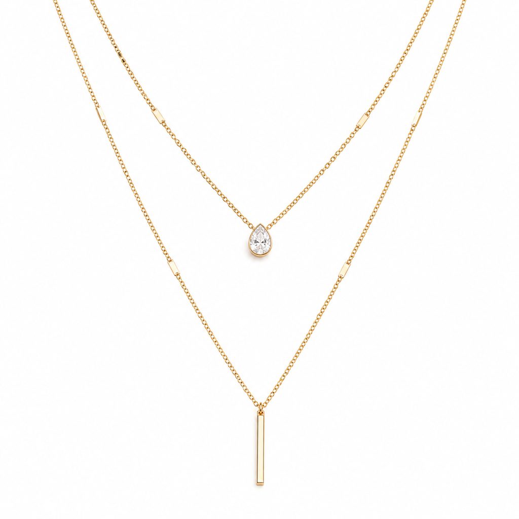LGT JWLS Goudkleurige 2-Laags Multilayer Ketting voor Dames met Witte Zirkonia en Staafhanger