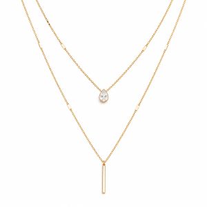 LGT JWLS Goudkleurige 2-Laags Multilayer Ketting voor Dames met Witte Zirkonia en Staafhanger