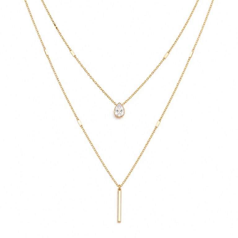 LGT JWLS Goudkleurige 2-Laags Multilayer Ketting voor Dames met Witte Zirkonia en Staafhanger