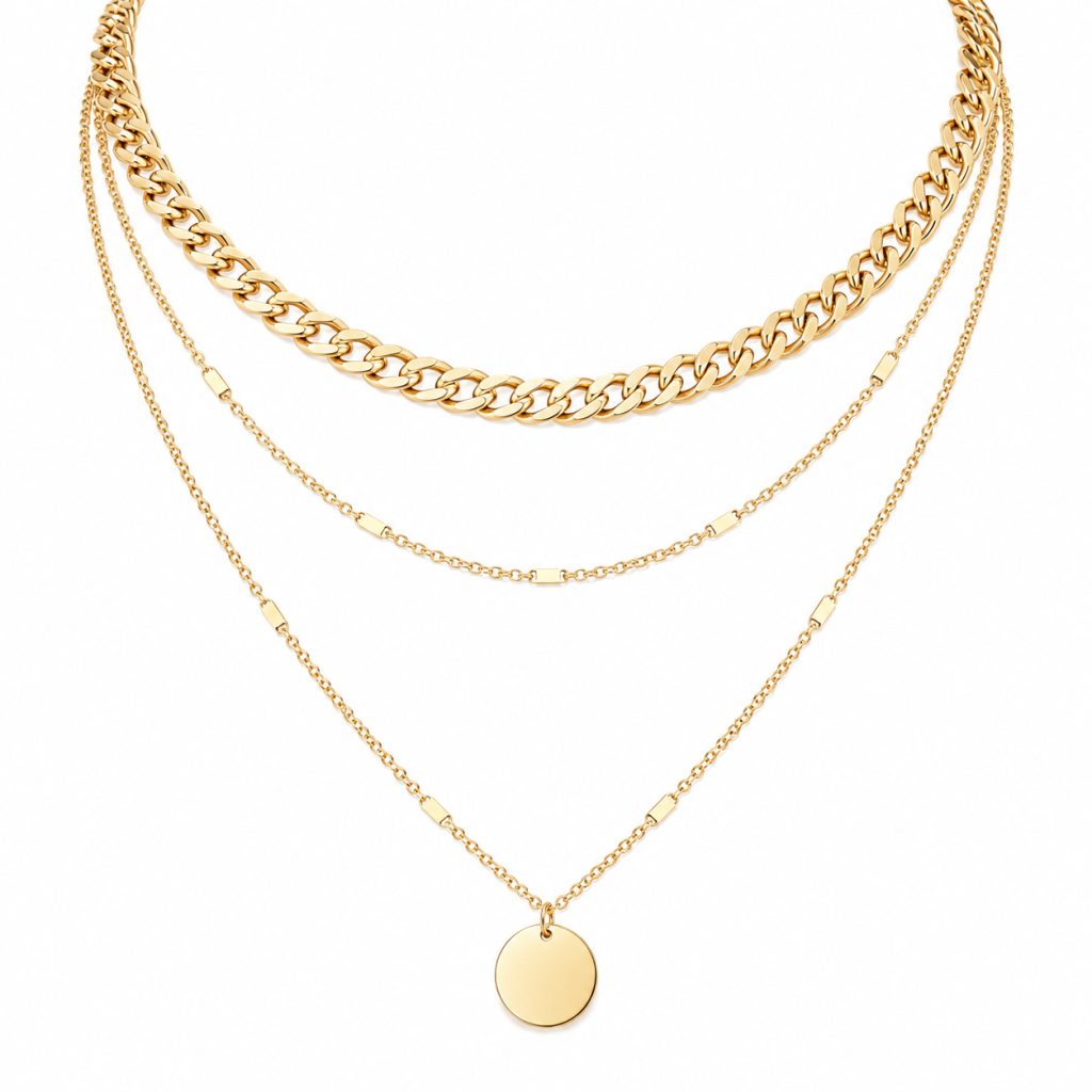 LGT JWLS Goudkleurige 3-Laags Multilayer Ketting voor Dames met Schakelketting en Munthanger