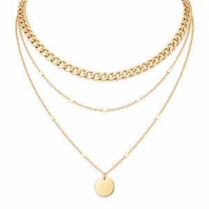 LGT JWLS Goudkleurige 3-Laags Multilayer Ketting voor Dames met Schakelketting en Munthanger