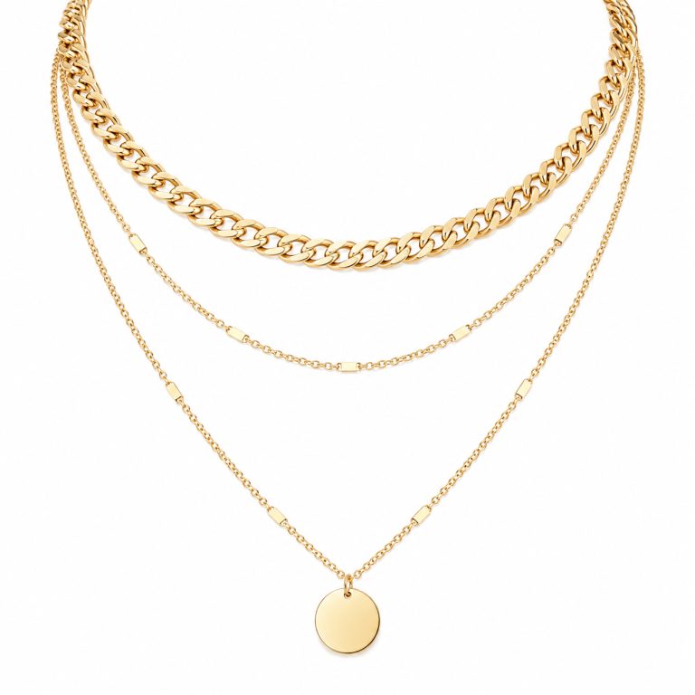 LGT JWLS Goudkleurige 3-Laags Multilayer Ketting voor Dames met Schakelketting en Munthanger