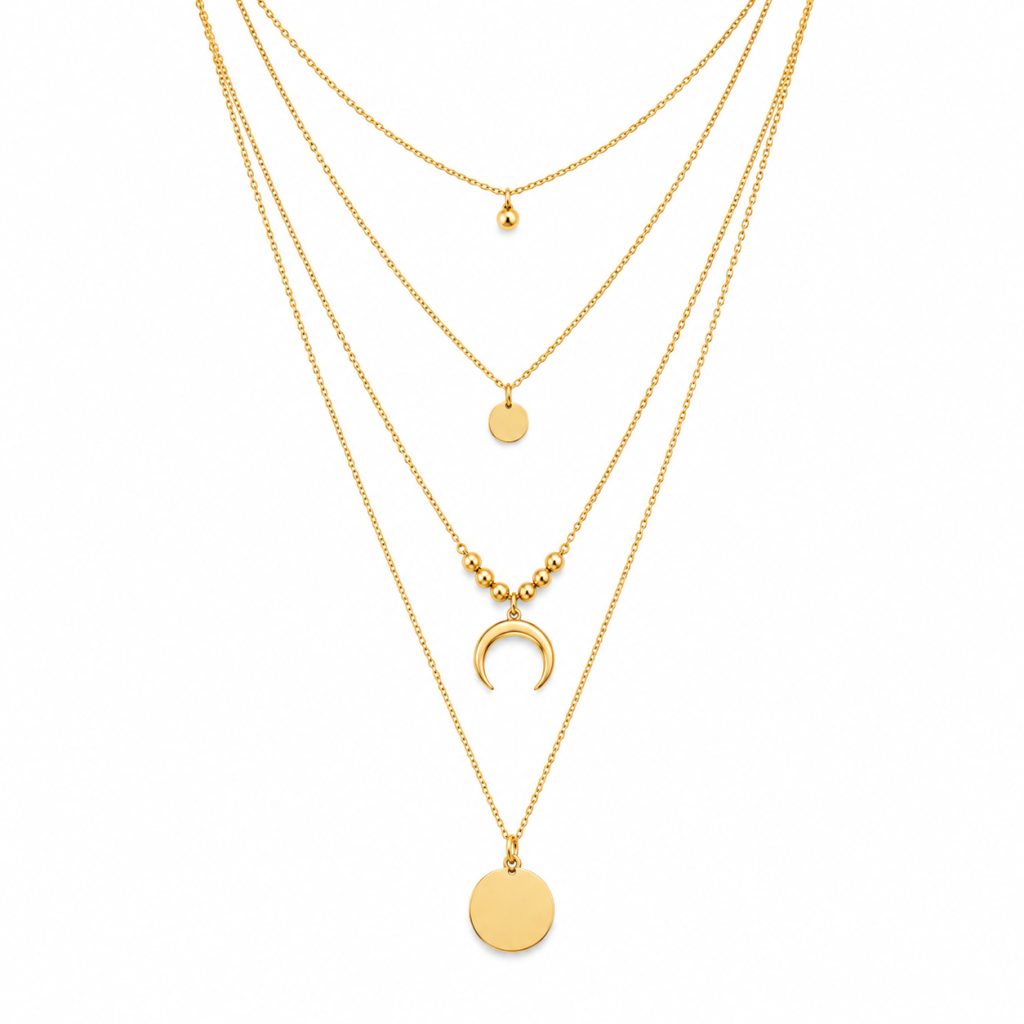 LGT JWLS Goudkleurige 4-Laags Multilayer Ketting voor Dames met Maan en Munthangers