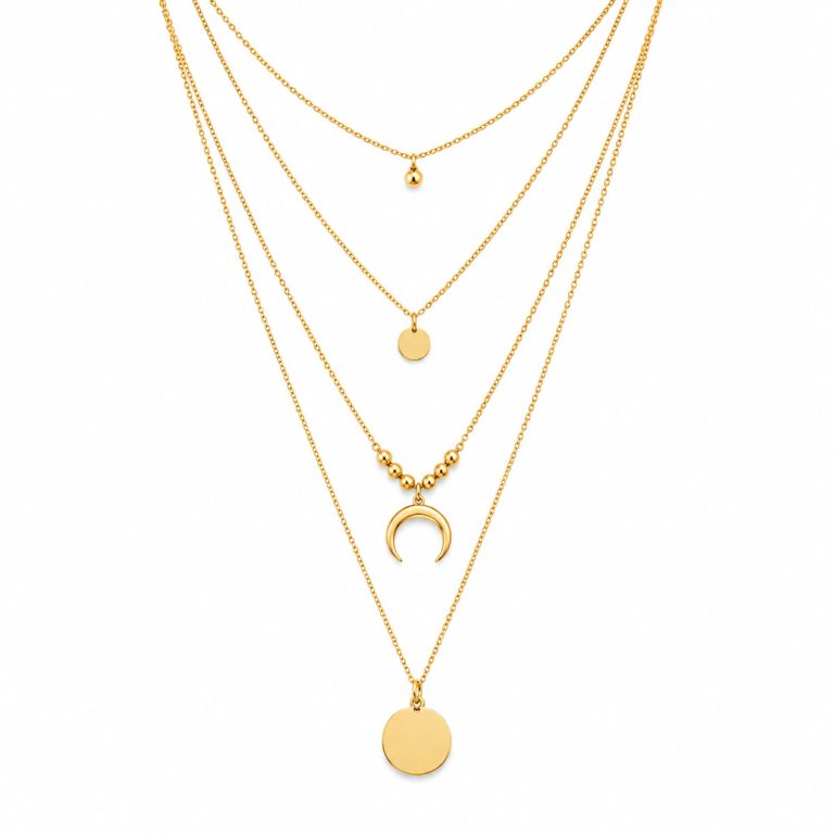 LGT JWLS Goudkleurige 4-Laags Multilayer Ketting voor Dames met Maan en Munthangers