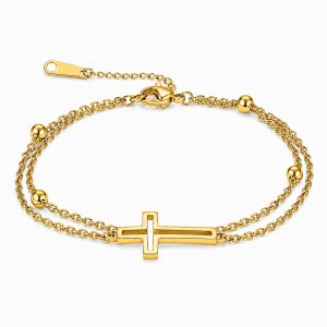 LGT JWLS Goudkleurige Damesarmband van Edelstaal met Dubbele Ketting en Kruis
