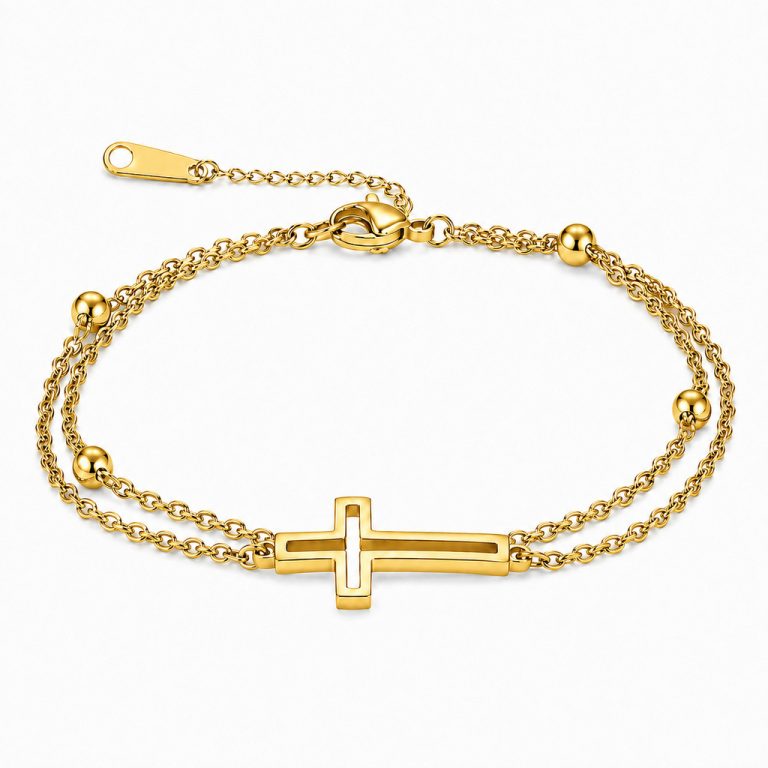 LGT JWLS Goudkleurige Damesarmband van Edelstaal met Dubbele Ketting en Kruis