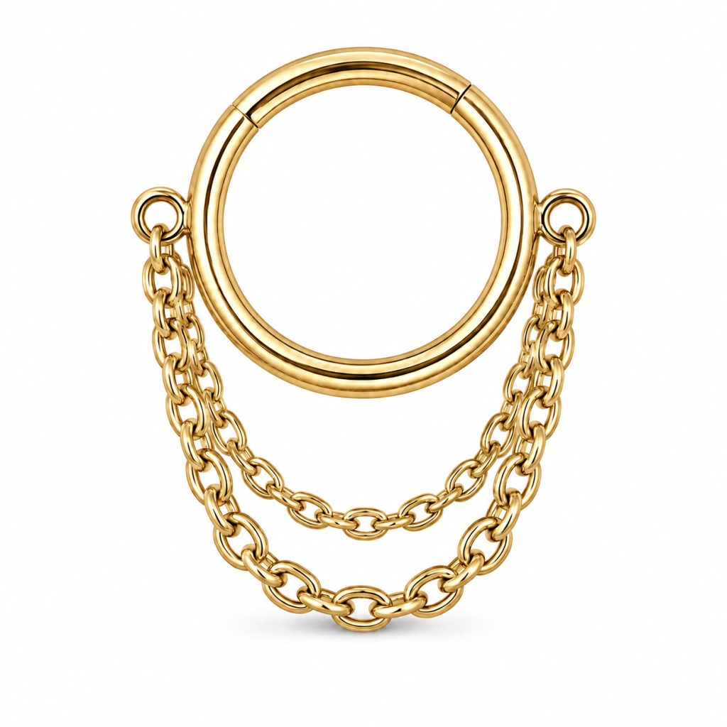 LGT JWLS Goudkleurige Segmentring Piercing met Dubbele Ketting voor Neus en Kraakbeen – 10mm