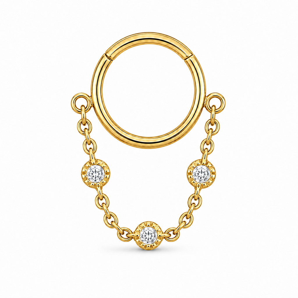 LGT JWLS Goudkleurige Segmentring Piercing met Ketting en Heldere Zirkonia voor Neus en Kraakbeen – 6mm