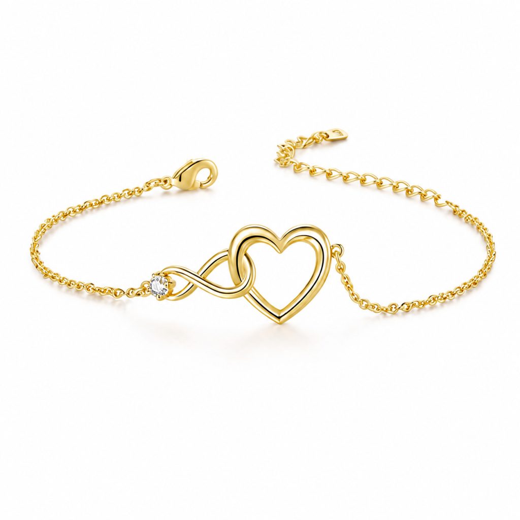 LGT JWLS Goudkleurige Verstelbare Dames Armband met Hart, Infinitysymbool en Witte Zirkonia