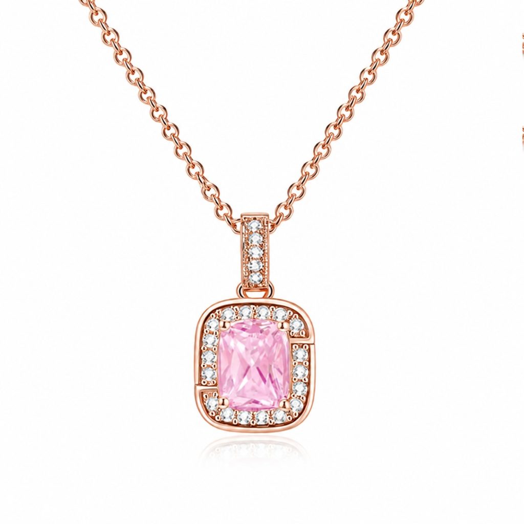 LGT JWLS Rosegoudkleurige Damesketting met Rechthoekige Roze Zirkonia Hanger