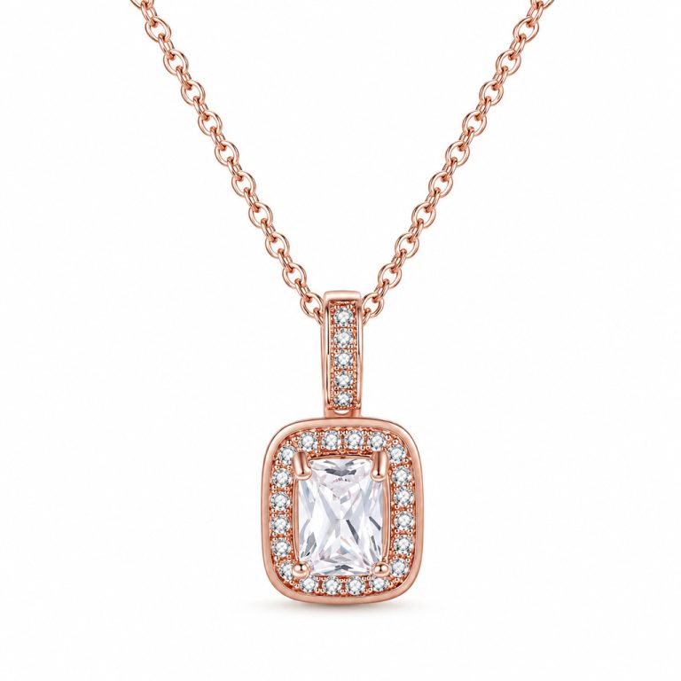 LGT JWLS Rosegoudkleurige Damesketting met Rechthoekige Witte Zirkonia Hanger