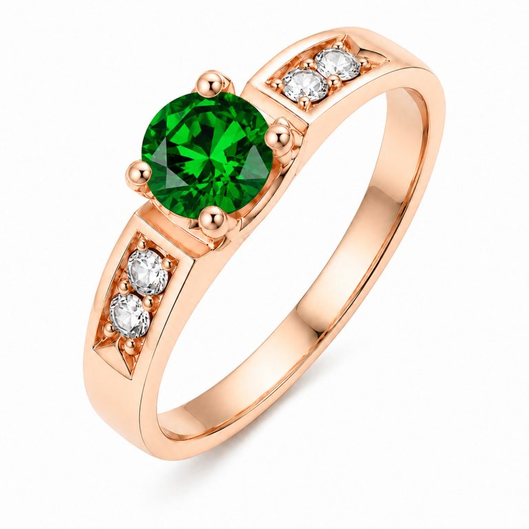 LGT JWLS Rosegoudkleurige Damesring met Groene Ronde Zirkonia en Vier Zijstenen – 17mm