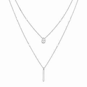 LGT JWLS Zilverkleurige 2-Laags Multilayer Ketting voor Dames met Witte Zirkonia en Staafhanger