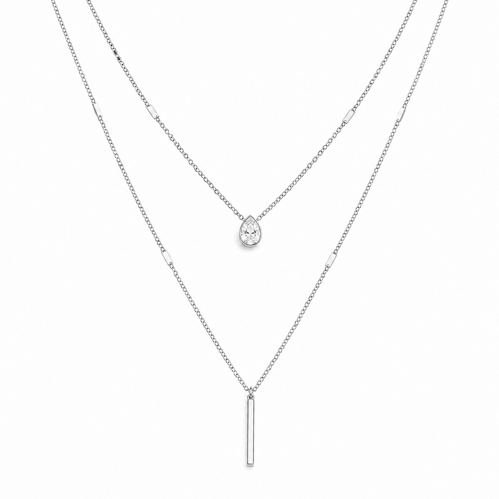 LGT JWLS Zilverkleurige 2-Laags Multilayer Ketting voor Dames met Witte Zirkonia en Staafhanger