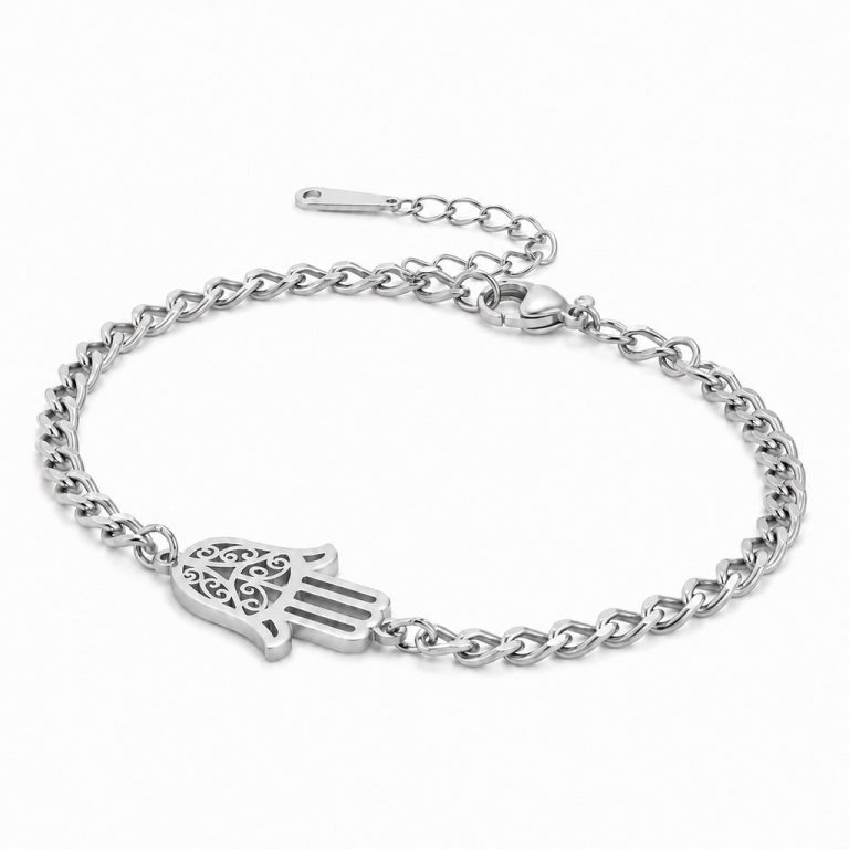 LGT JWLS Zilverkleurige Damesarmband van Edelstaal met Hamsa Hand